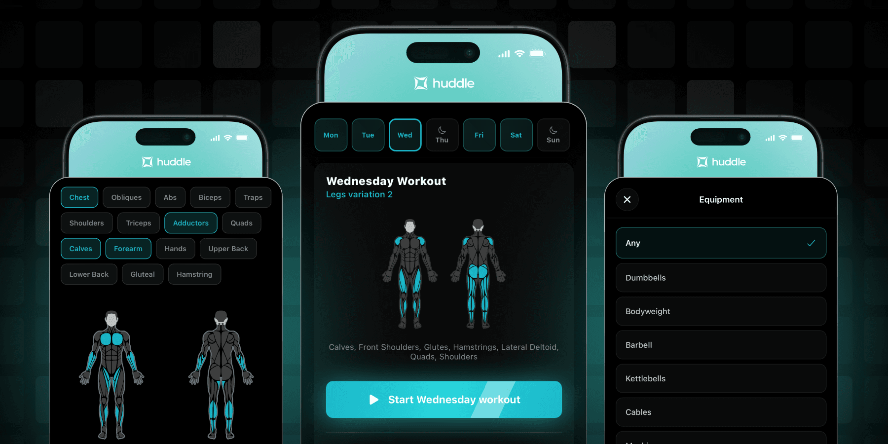 Huddle exercise library showing exercises filtered by muscle group and equipment.